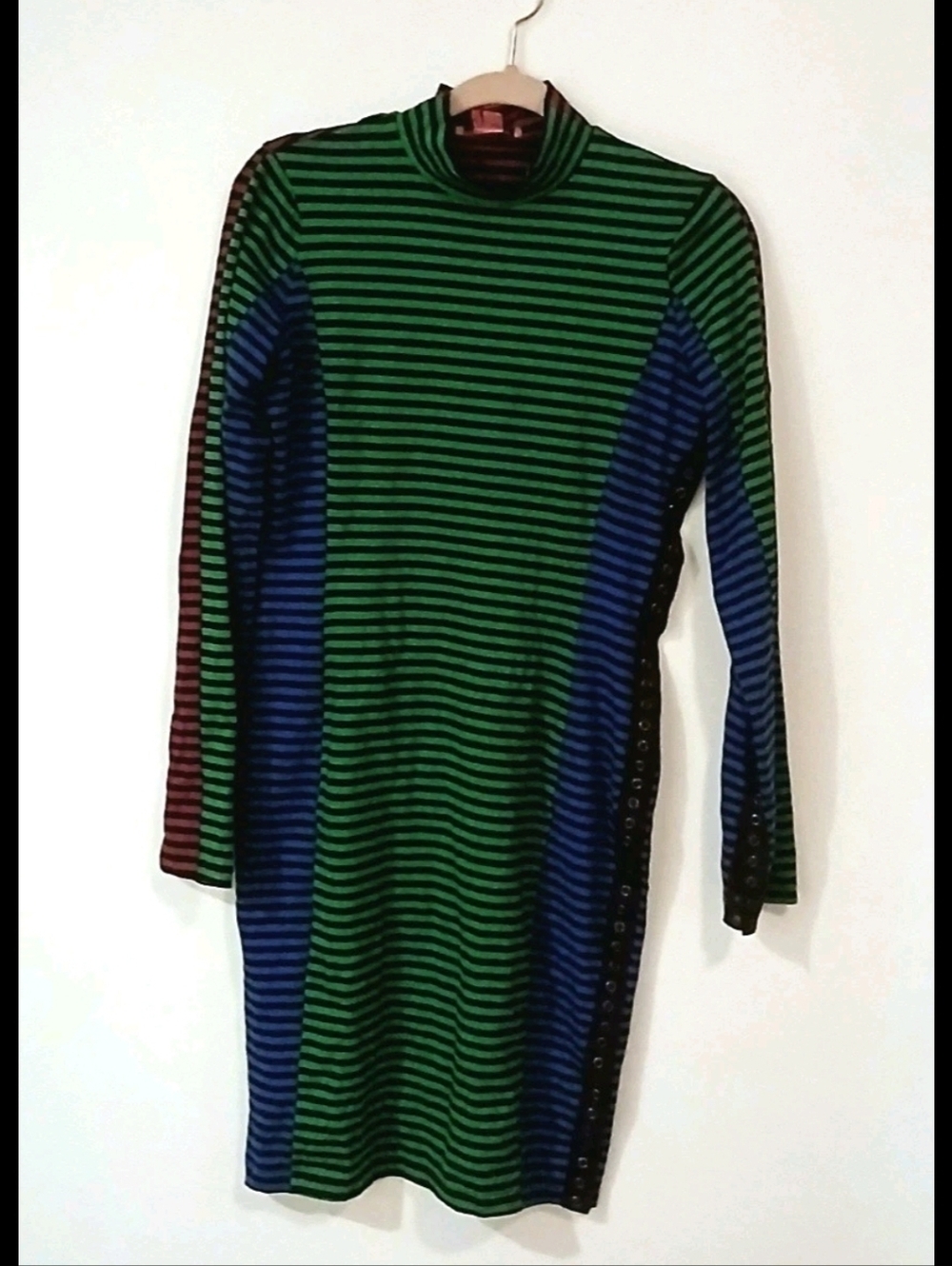 Vintage Betsey Johnson Striped Dress Mock Neck Colorblock Bodycon Grommet 90s L